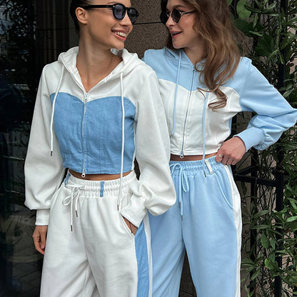 <font dir="auto" style="vertical-align: inherit;"><font dir="auto" style="vertical-align: inherit;">Amazon dış ticaret Avrupa ve Amerikalı kadınların renk bloke eden moda seti seksi beli açığa çıkardığı kapüşonlu renk bloke eden hırka eşofman altı iki par