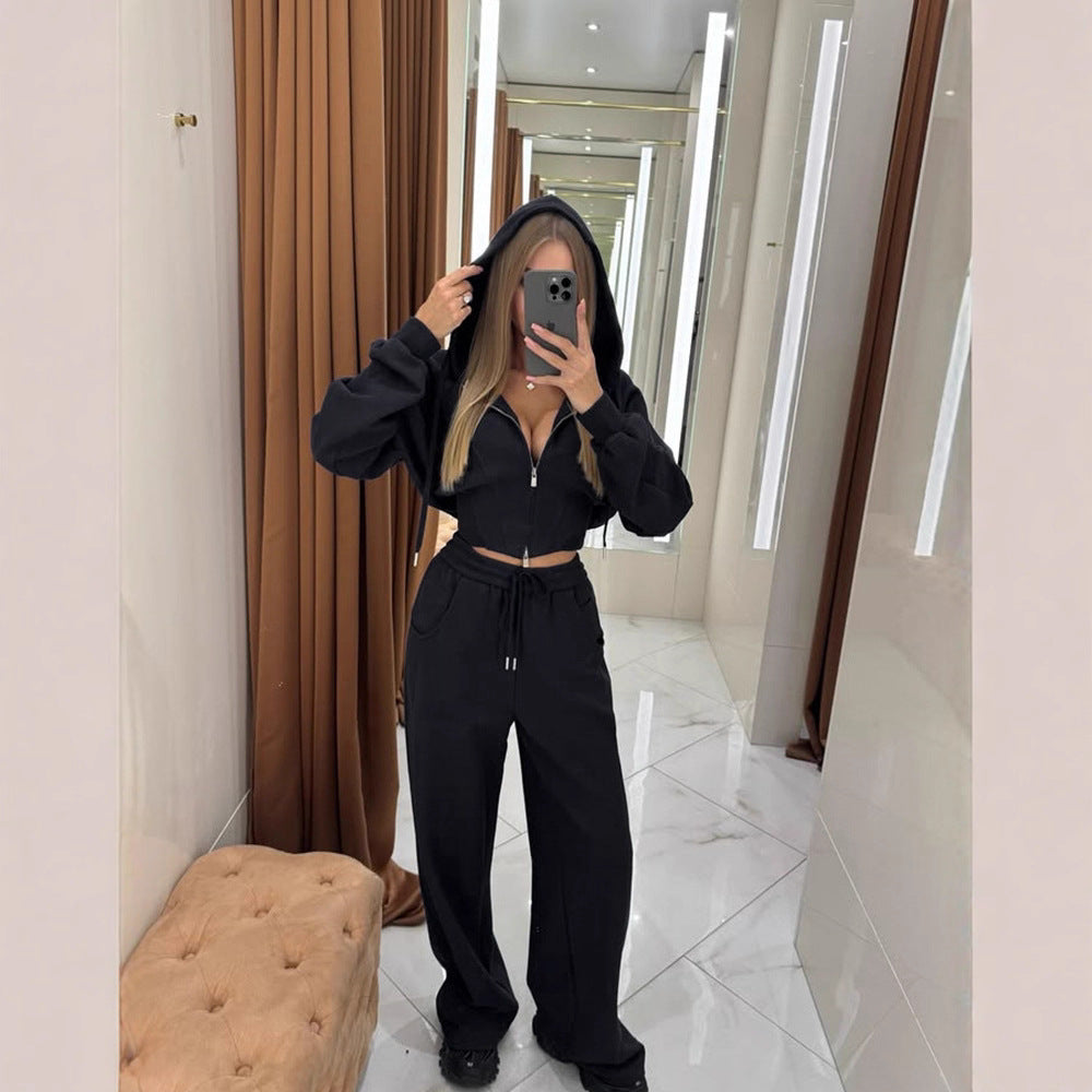 Women's Solid Color Zip-Up Hooded Cardigan and Drawstring Sweatpants Set