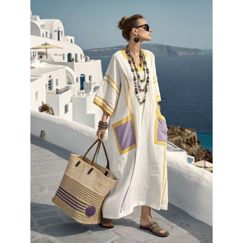 Geometrik Dijital Baskılı V Yaka Plaj Elbisesi – Canlı Renkli Bohem Kaftan Tunik