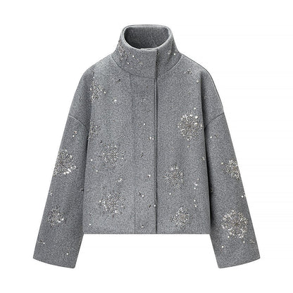 Women's Stand Collar Zip-Up Sequin Floral Winter Jacket