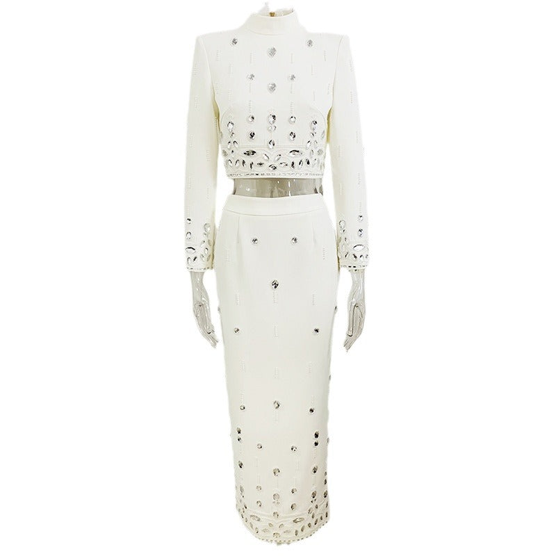 Women's Rhinestone and Bead-Embellished Crop Jacket and Pencil Skirt Occasion Set