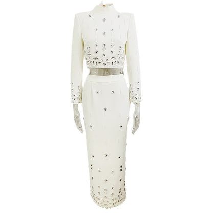 Women's Rhinestone and Bead-Embellished Crop Jacket and Pencil Skirt Occasion Set