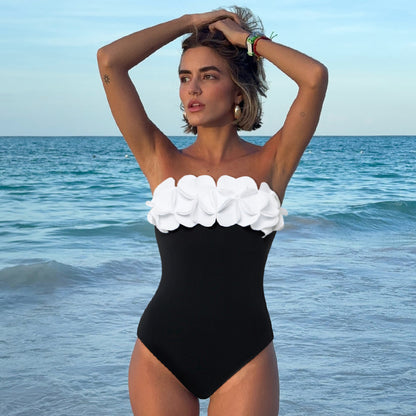 Kadın 3D Çiçek Detaylı Straplez Mayo, Siyah Beyaz Kontrast Tek Parça Premium Mayo