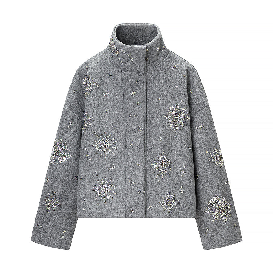 Women's Stand Collar Zip-Up Sequin Floral Winter Jacket