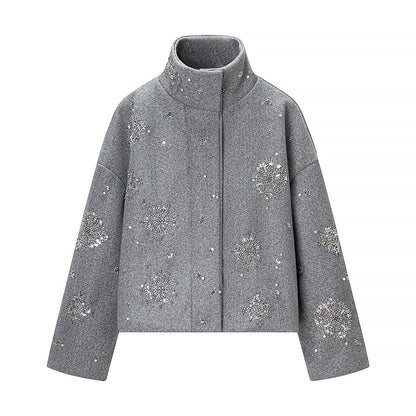Women's Stand Collar Zip-Up Sequin Floral Winter Jacket