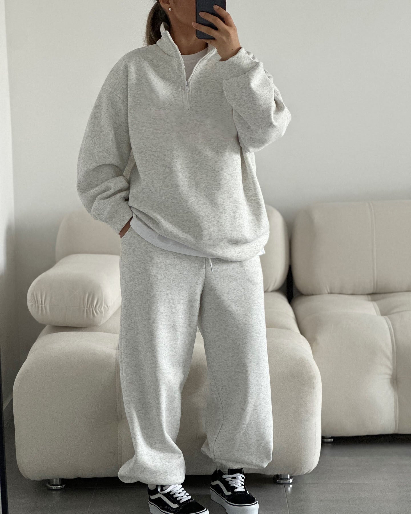 Kadın Yarım Fermuarlı Dik Yaka Sweatshirt ve Eşofman Altı İkili Pamuklu Takım