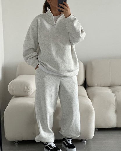 Kadın Yarım Fermuarlı Dik Yaka Sweatshirt ve Eşofman Altı İkili Pamuklu Takım