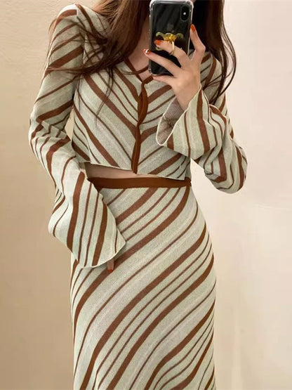 Korean Style V-Neck Knitwear and High-Waisted Skirt Set