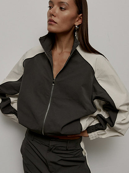 Women's Oversized Color-Block Zip-Up Relaxed Tracksuit Set