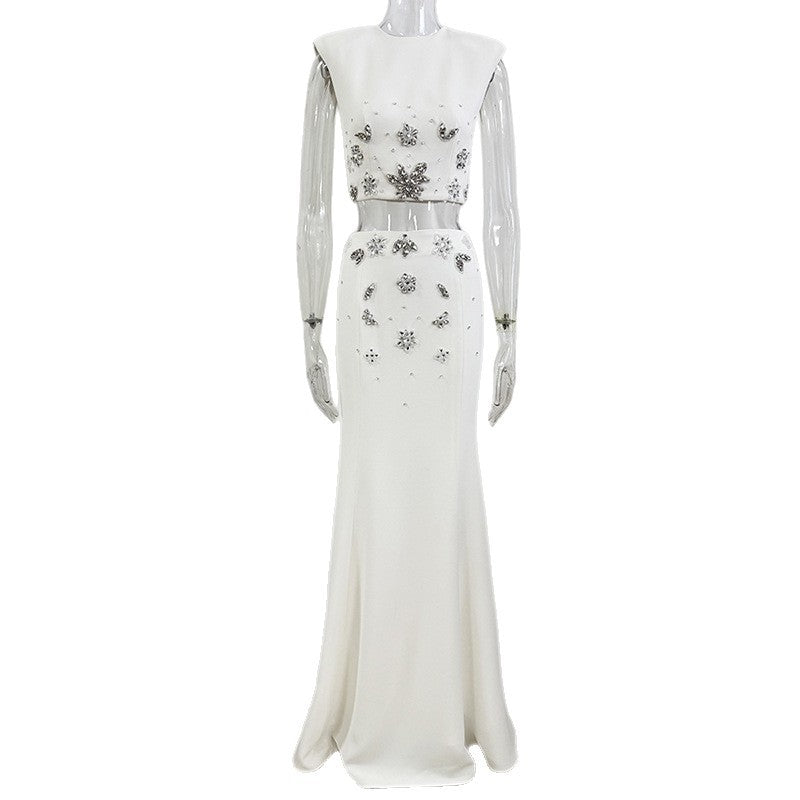 Women's Stone & Bead Embroidered Crop Blouse and Long Skirt Evening Set