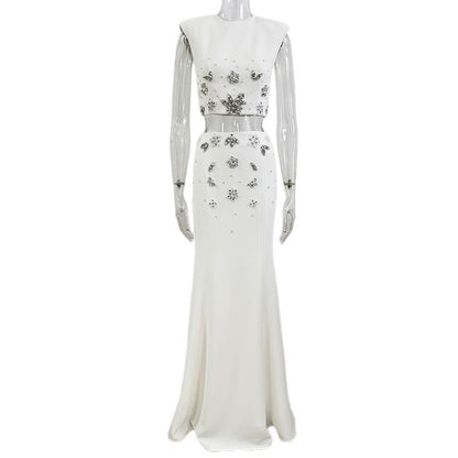 Women's Stone & Bead Embroidered Crop Blouse and Long Skirt Evening Set