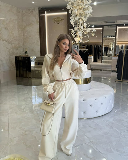 Women's Solid Color Zip-Up Hooded Cardigan and Drawstring Sweatpants Set