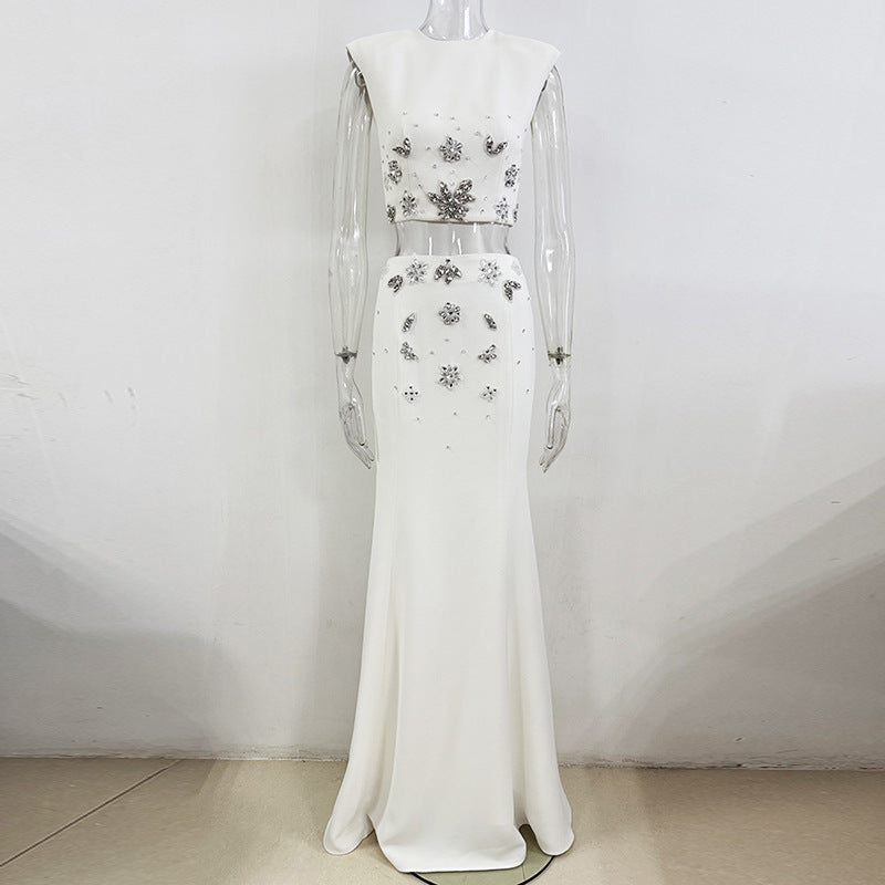 Women's Stone & Bead Embroidered Crop Blouse and Long Skirt Evening Set