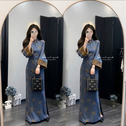 Kadın Lacivert Jakarlı Cheongsam Elbise – Uzun Kollu, Dar Kesim, Yırtmaçlı Retro Maxi Elbise