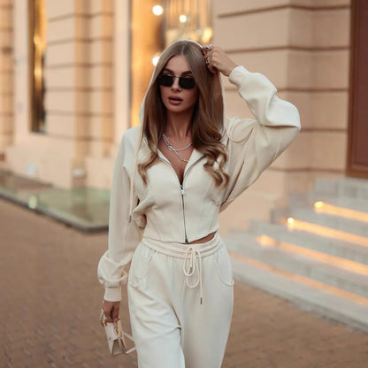 Women's Solid Color Zip-Up Hooded Cardigan and Drawstring Sweatpants Set