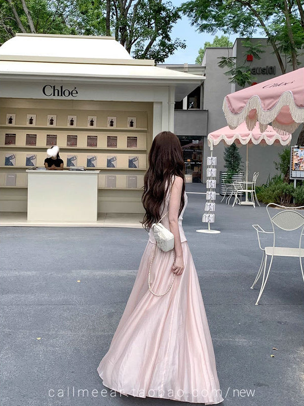 Powder Pink Layered Design Linen Maxi Dress – Elegant Long Summer Dress