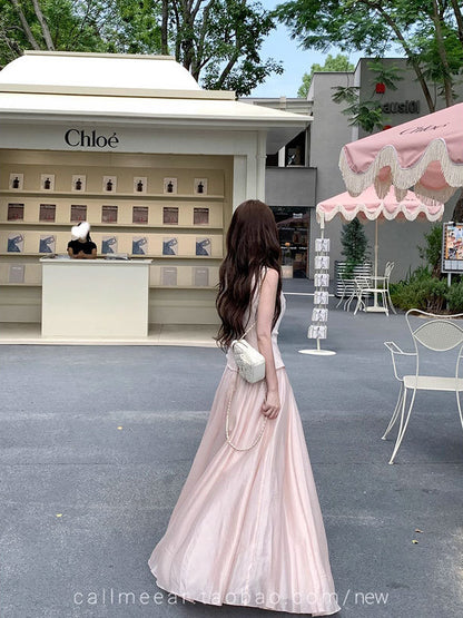 Powder Pink Layered Design Linen Maxi Dress – Elegant Long Summer Dress