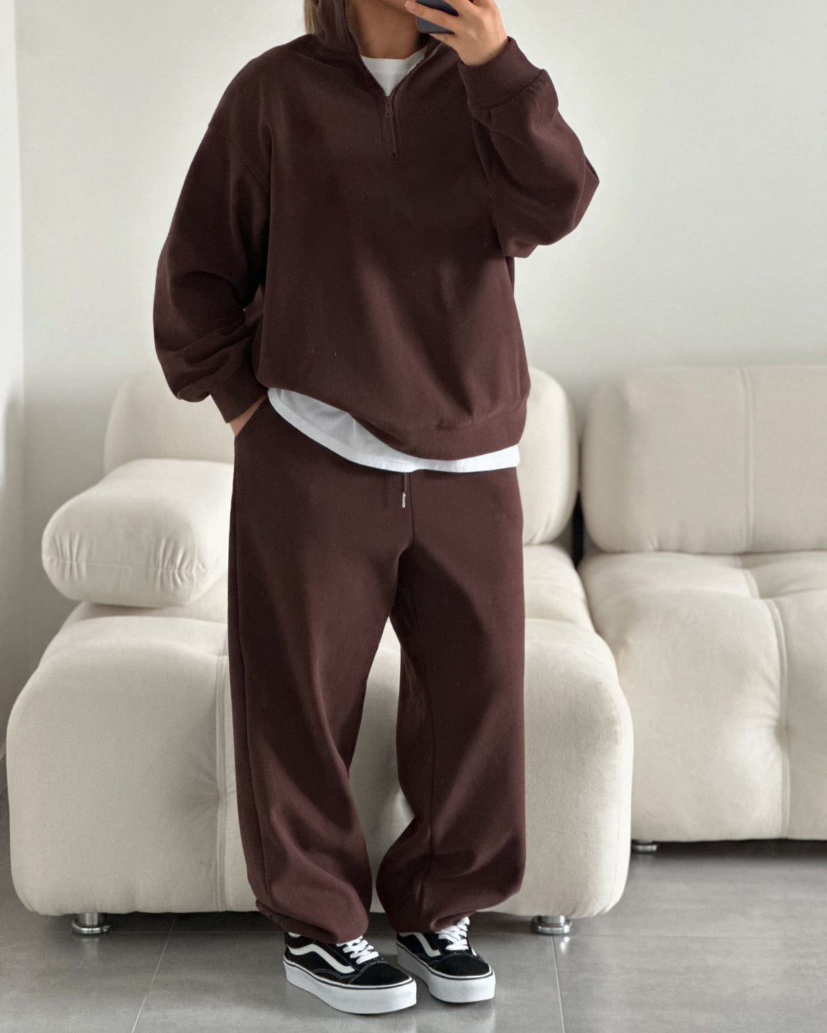 Kadın Yarım Fermuarlı Dik Yaka Sweatshirt ve Eşofman Altı İkili Pamuklu Takım
