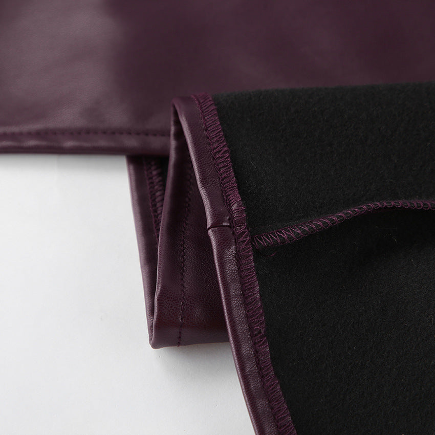 Women's Burgundy Leather Jacket - Stand Collar, Belted Waist, Slimming Cut