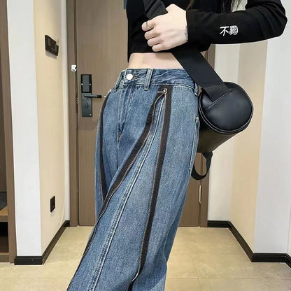 Kadın Mavi Yüksek Bel Geniş Paça Jean – Fermuar Detaylı, Bol Kesim Retro Kot Pantolon
