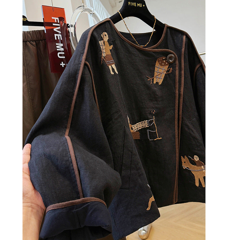 Kadın Siyah Nakışlı Pamuk Keten Hırka Ceket – Retro Etnik Desen, Uzun Kollu, Oversize