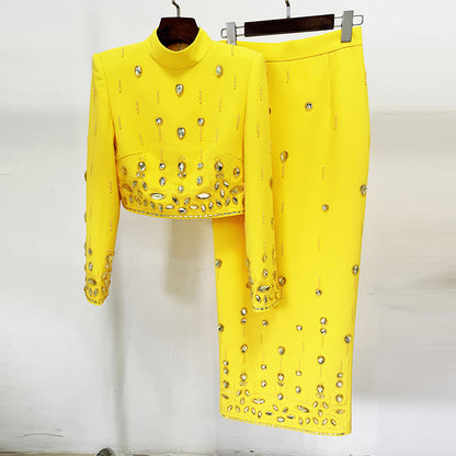 Women's Rhinestone and Bead-Embellished Crop Jacket and Pencil Skirt Occasion Set