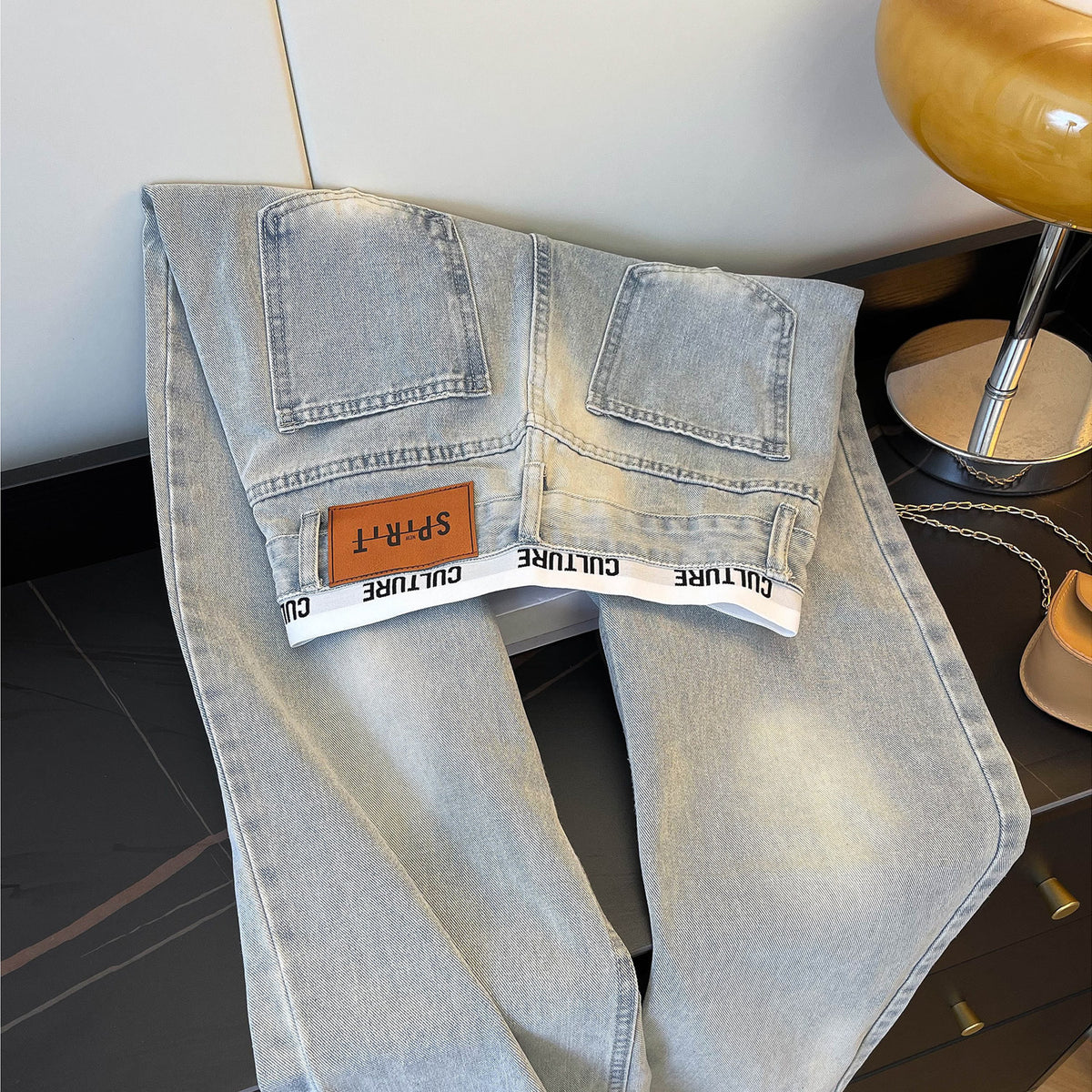 Amerikan Retro Yıpratılmış Patchwork Kot Pantolon - Açık Mavi Yüksek Bel