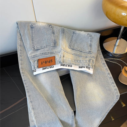 Amerikan Retro Yıpratılmış Patchwork Kot Pantolon - Açık Mavi Yüksek Bel