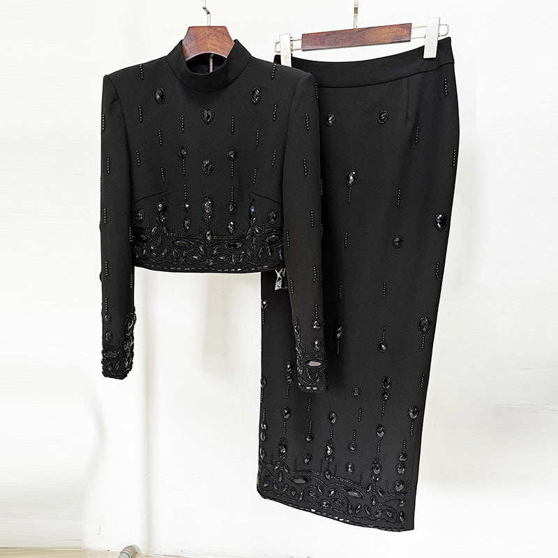 Women's Rhinestone and Bead-Embellished Crop Jacket and Pencil Skirt Occasion Set