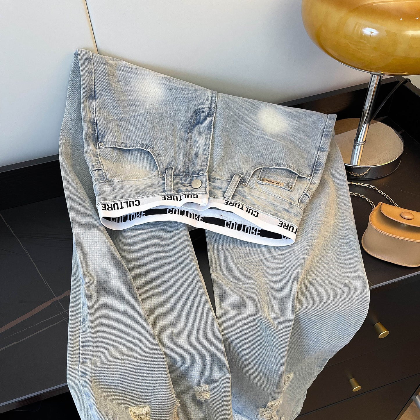 Amerikan Retro Yıpratılmış Patchwork Kot Pantolon - Açık Mavi Yüksek Bel