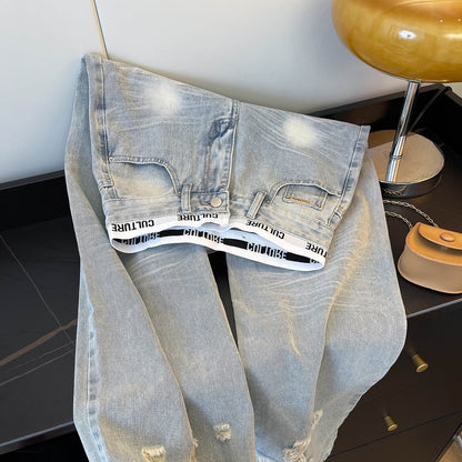 Amerikan Retro Yıpratılmış Patchwork Kot Pantolon - Açık Mavi Yüksek Bel