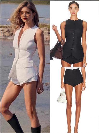 Women's Linen-Textured Buttoned Long Vest and Shorts Set - White/Black