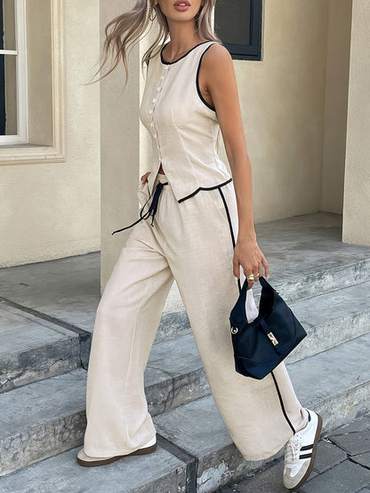 Women's Sleeveless High-Neck Blouse and Wide-Leg Trousers Two-Piece Set