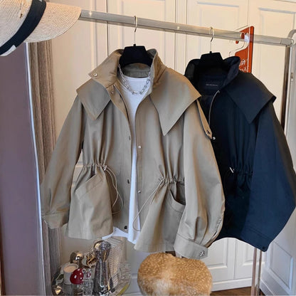 Kadın Haki Siyah Oversize Kapüşonlu Rüzgarlık Ceket - Bel Büzgülü Kısa Parka