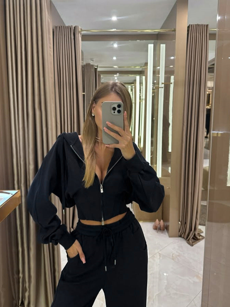 Women's Solid Color Zip-Up Hooded Cardigan and Drawstring Sweatpants Set