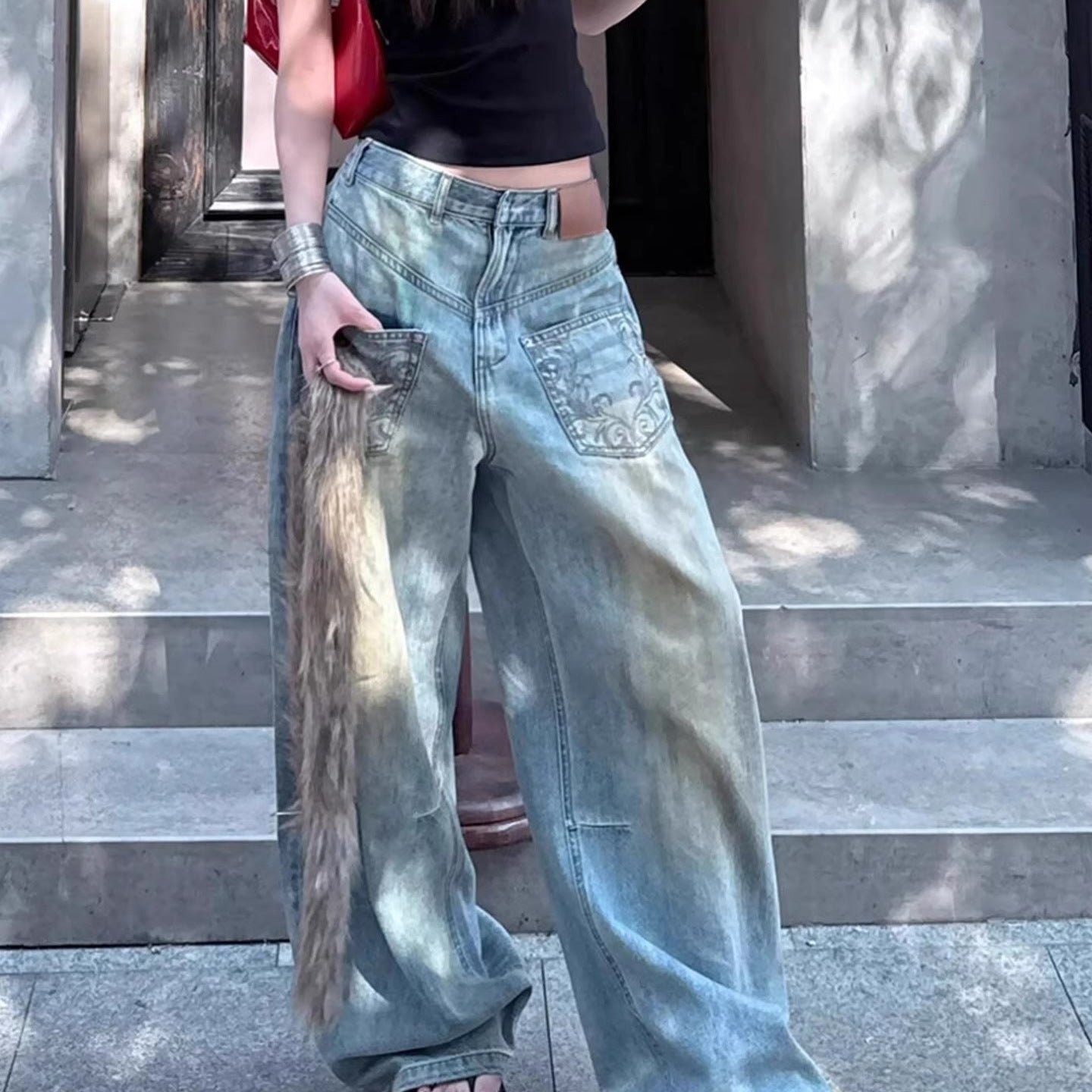 Amerikan Retro Sıcak Kız Tasarım Geniş Bacak Çıkık Sökülmüş Nakış Loosejeans kadın Sıkıntılı Paspas Pantolon