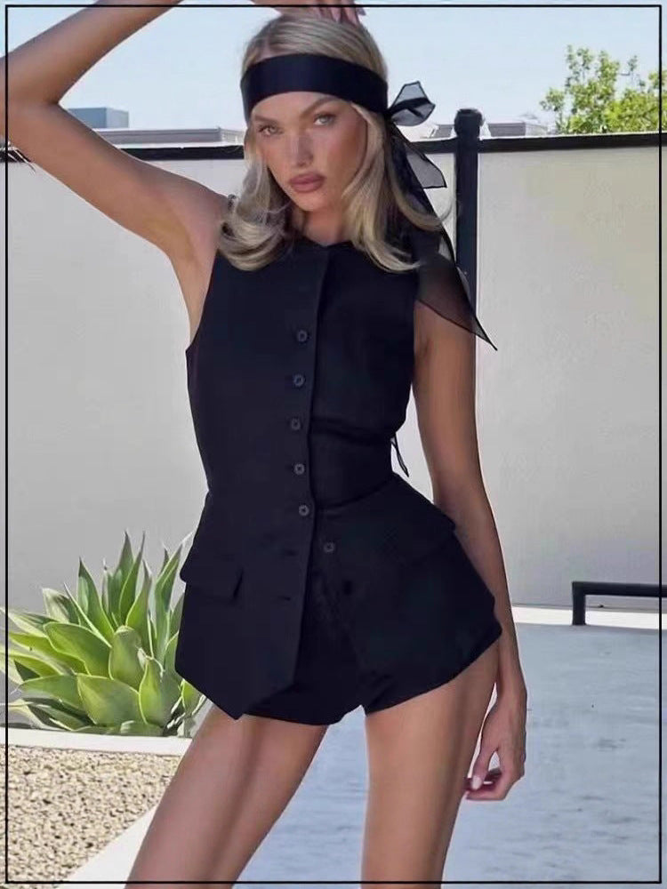 Women's Linen-Textured Buttoned Long Vest and Shorts Set - White/Black