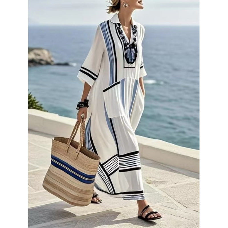 Geometrik Dijital Baskılı V Yaka Plaj Elbisesi – Canlı Renkli Bohem Kaftan Tunik