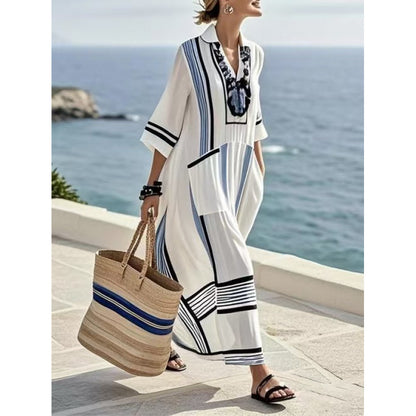 Geometrik Dijital Baskılı V Yaka Plaj Elbisesi – Canlı Renkli Bohem Kaftan Tunik