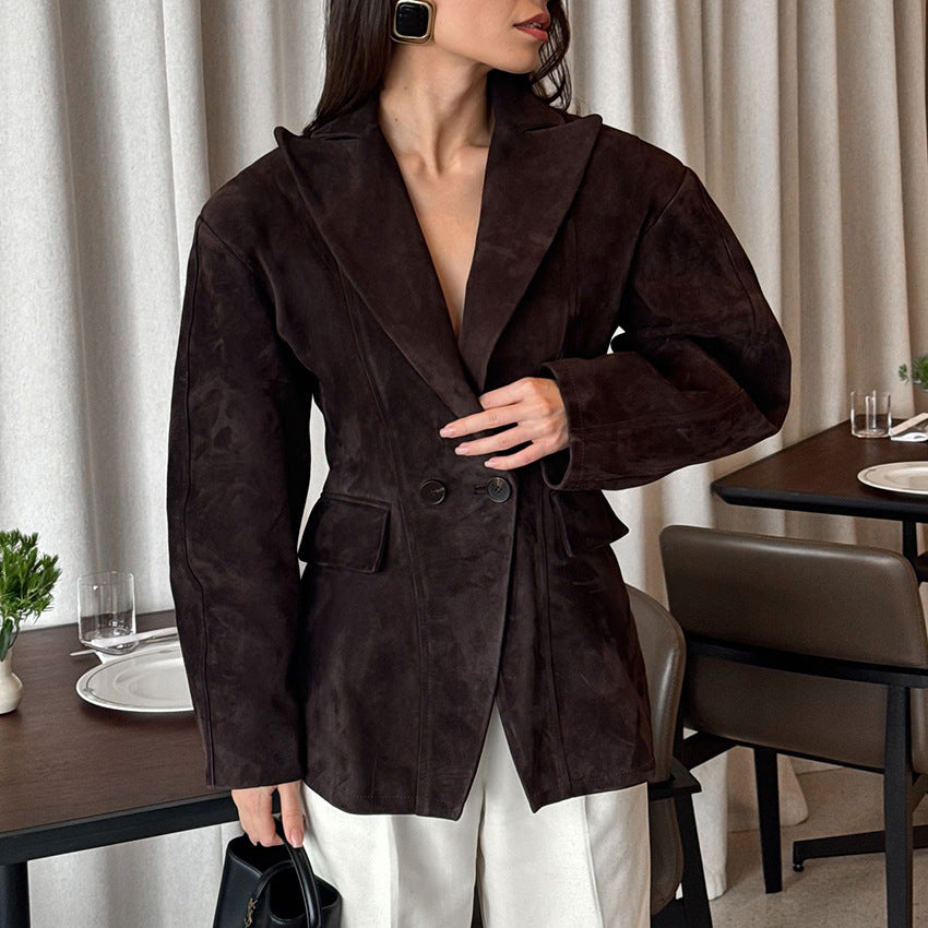 Kadın Kahverengi Süet Blazer Ceket – Vatkalı, Sivri Yaka, Belden Oturan Kesim
