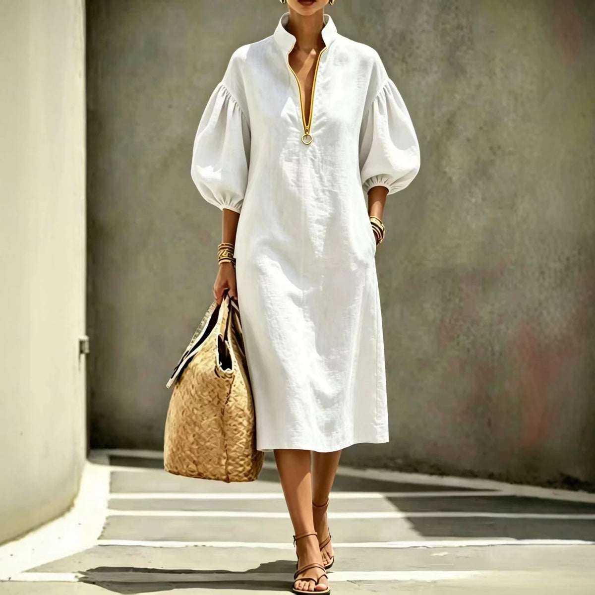 Women's Linen-Look Stand Collar Balloon Sleeve Half-Zip Relaxed Fit Dress