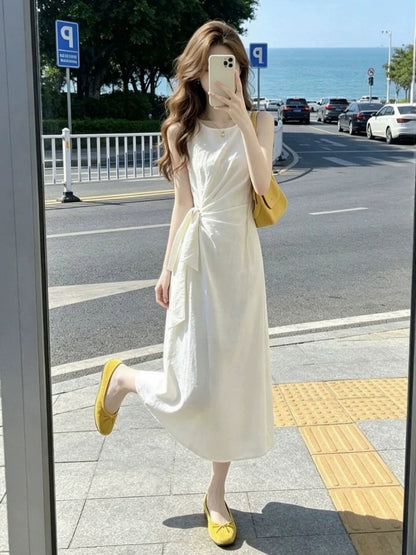Cream White Tie-Waist Maxi Dress – Korean-Style Waist-Slimming Summer Dress