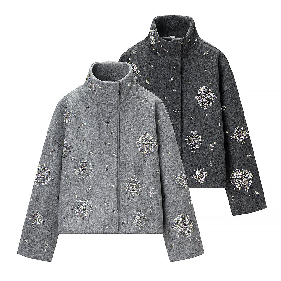 Women's Stand Collar Zip-Up Sequin Floral Winter Jacket