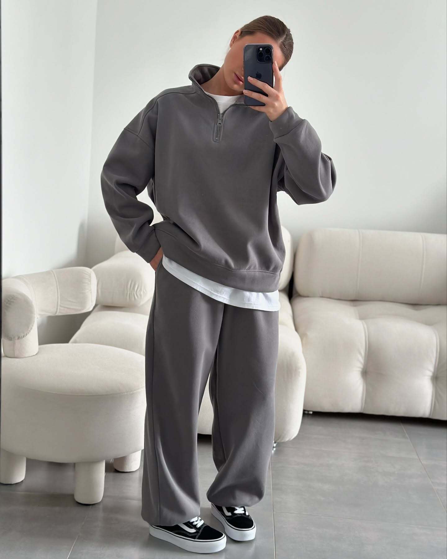 Kadın Yarım Fermuarlı Dik Yaka Sweatshirt ve Eşofman Altı İkili Pamuklu Takım