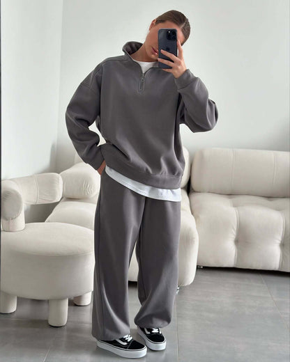 Kadın Yarım Fermuarlı Dik Yaka Sweatshirt ve Eşofman Altı İkili Pamuklu Takım