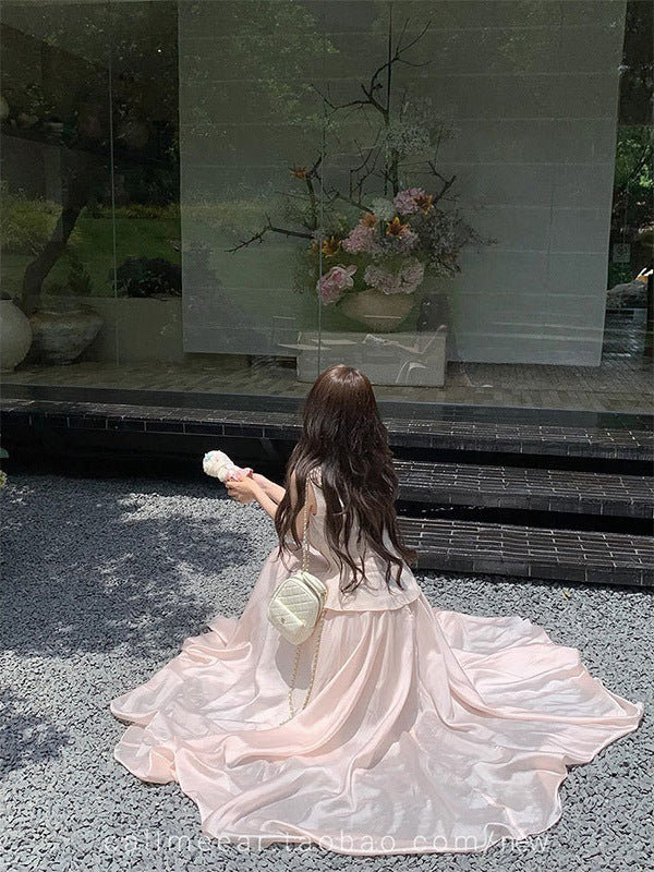 Powder Pink Layered Design Linen Maxi Dress – Elegant Long Summer Dress