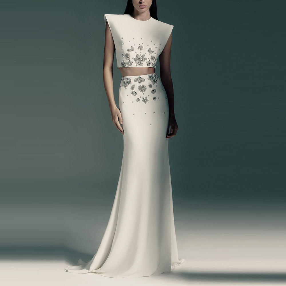 Women's Stone & Bead Embroidered Crop Blouse and Long Skirt Evening Set