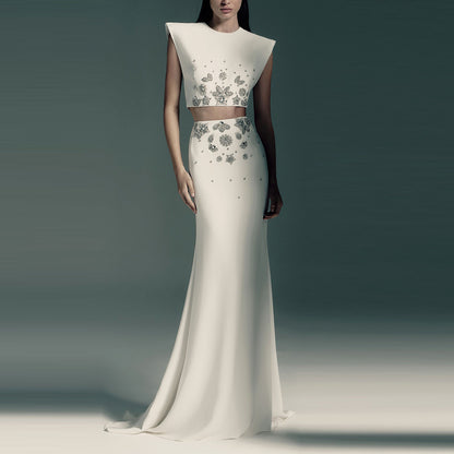 Women's Stone & Bead Embroidered Crop Blouse and Long Skirt Evening Set