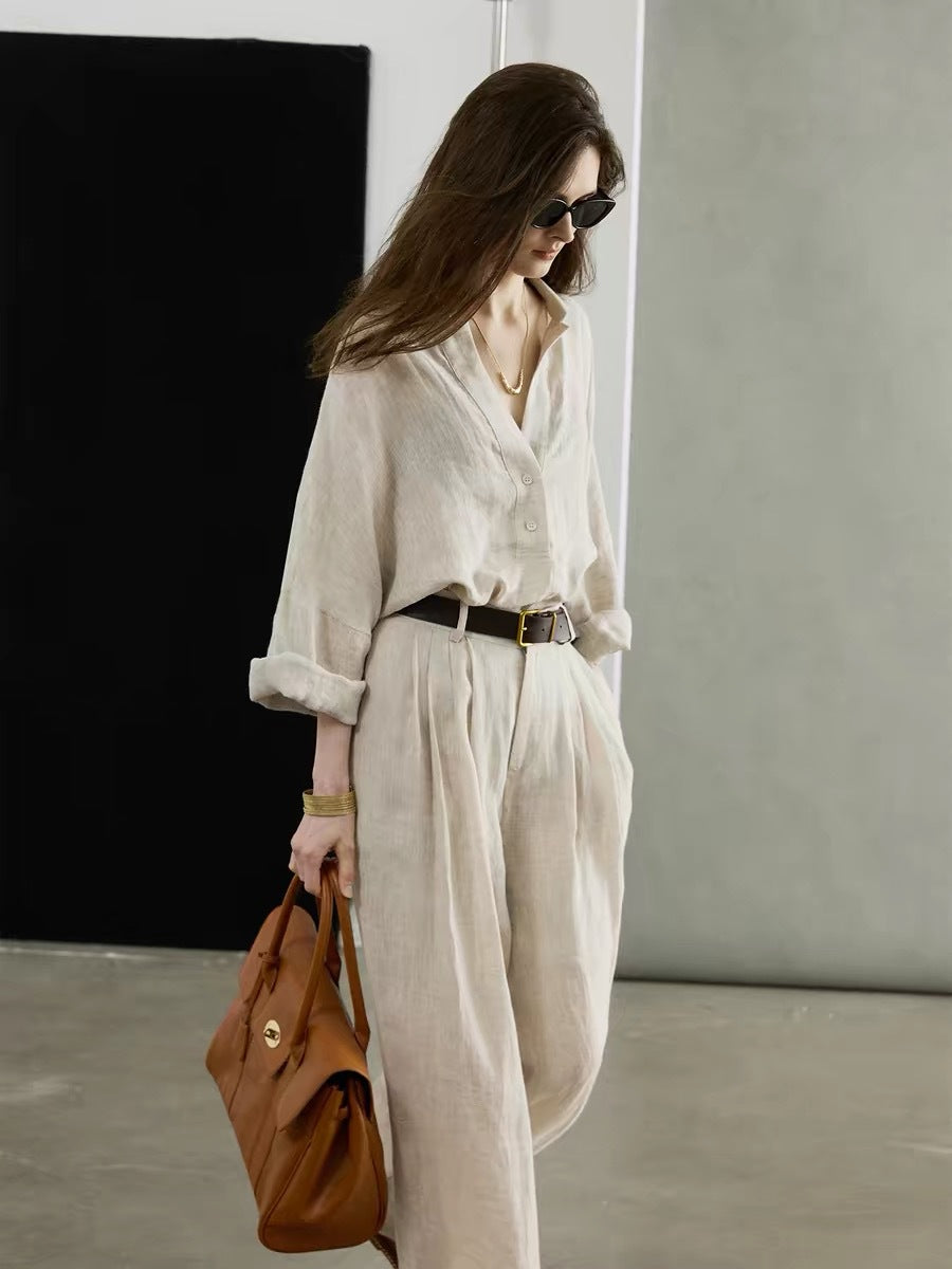 Women's Linen Vintage-Style Long Sleeve Shirt and Trouser Set