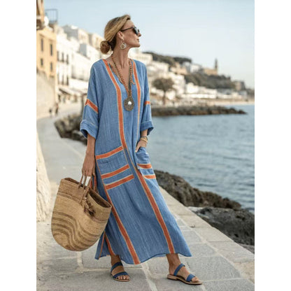 Geometrik Dijital Baskılı V Yaka Plaj Elbisesi – Canlı Renkli Bohem Kaftan Tunik